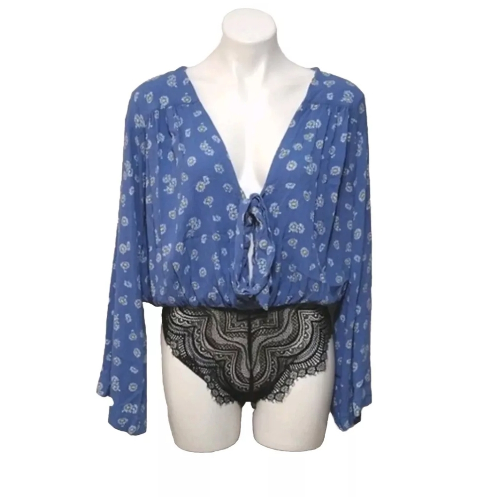 Free People Intimately Forties Feel Blue Daisy V-neck Bodysuit Long Sleeve- L - Picture 8 of 14